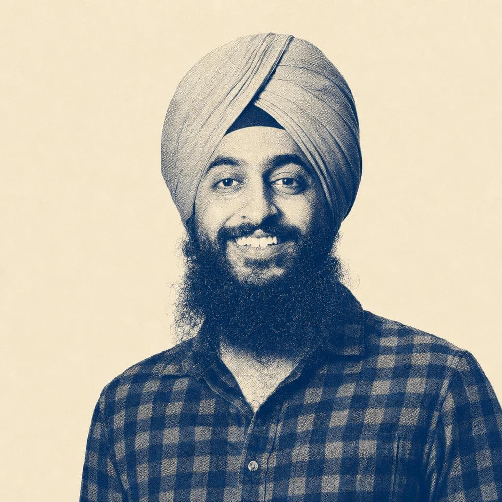 Gurkaran Singh, in a light blue dastar and plaid shirt.