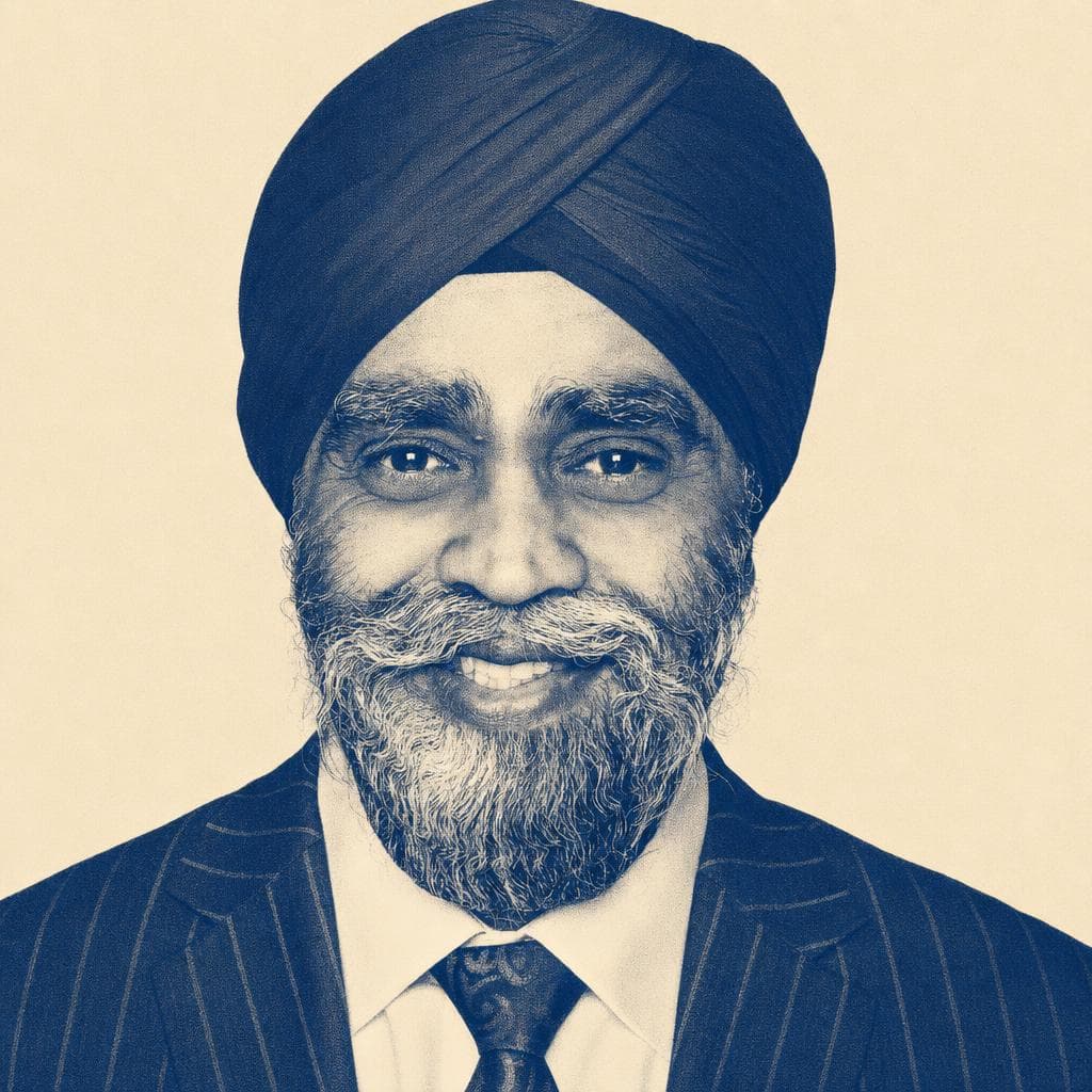 Harjit Singh Sajjan, in a maroon dastar and pinstriped suit.