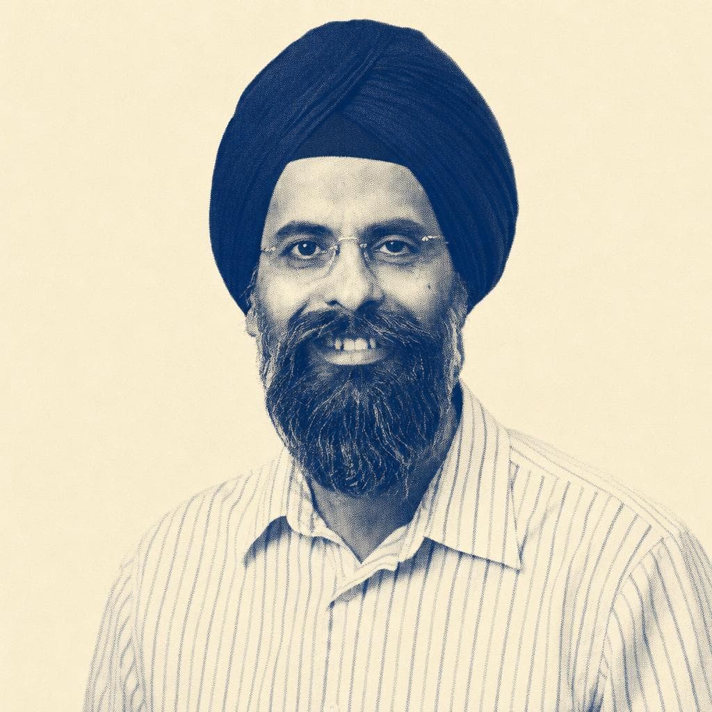 Harpinder Singh, in a blue dastar and striped shirt.