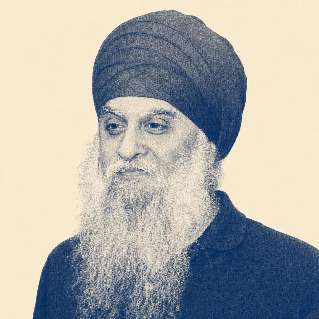 Sarabjot Singh, in a red dastar with a white beard, photographed outdoors.